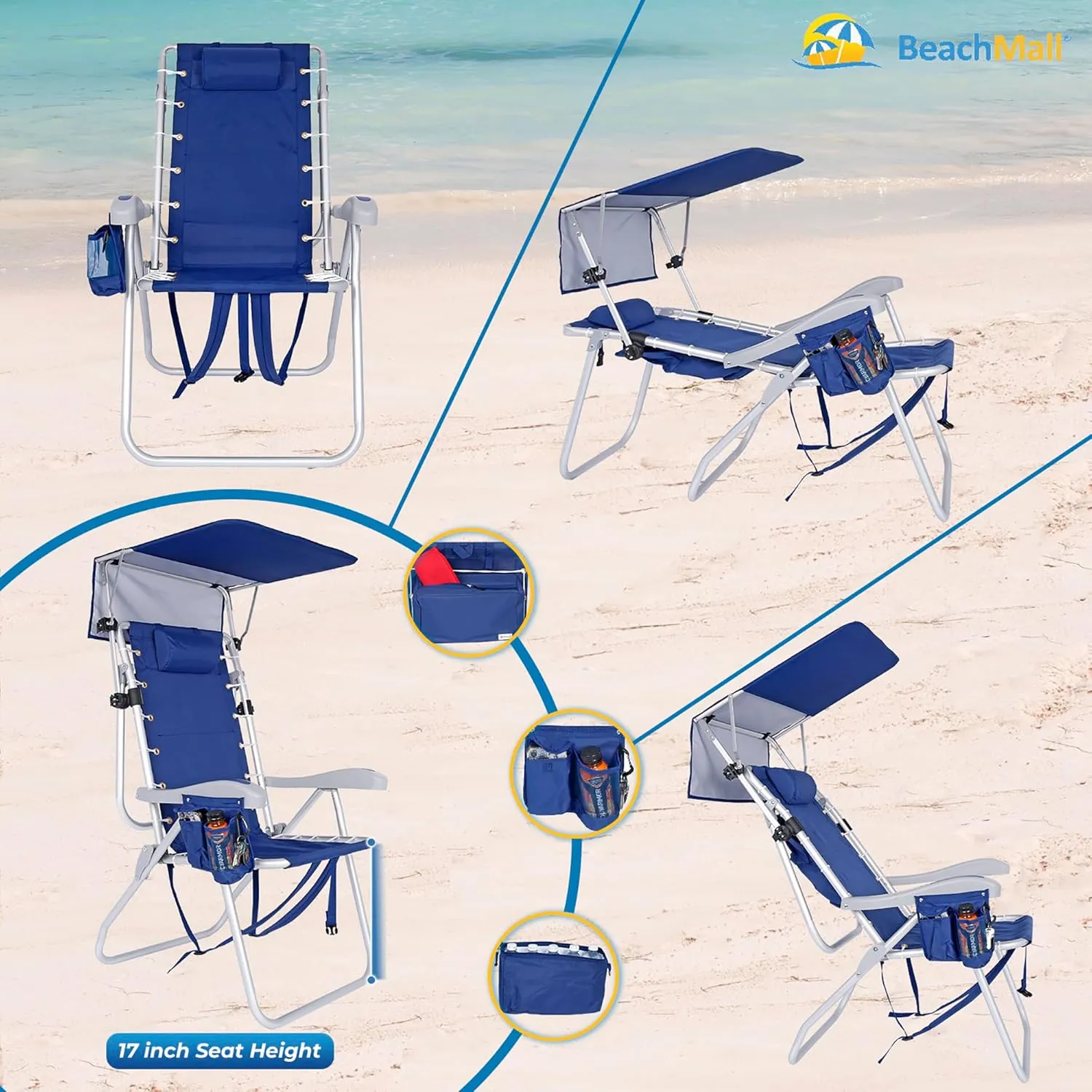 Ultimate Heavy Duty High Seat Aluminum Folding Backpack Beach Chair for Adults | Lay Flat, 5 Reclining Positions | Removable Insulated Cooler Pouch & Canopy for UV Protection
