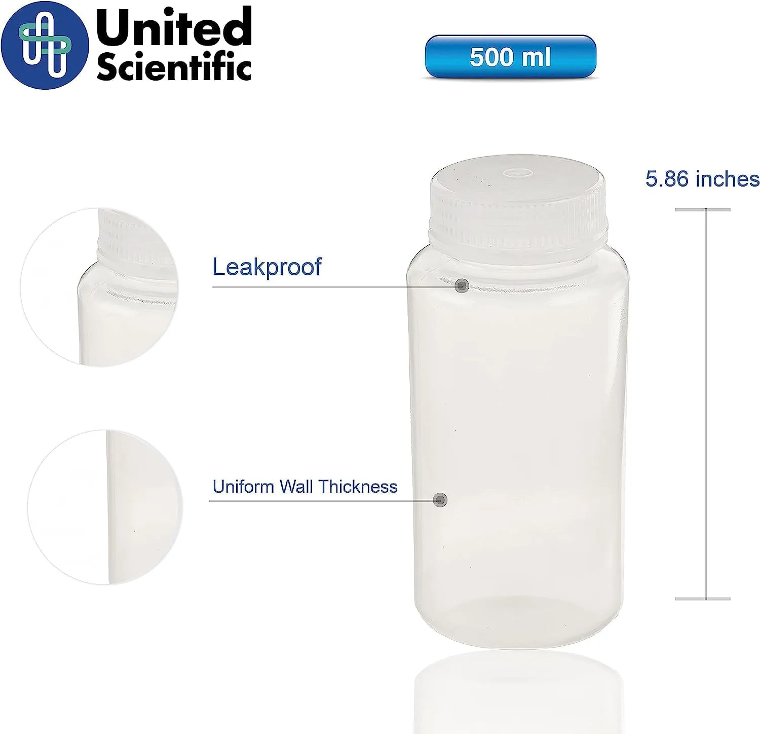 United Scientific® Unistore™ - Sample Containers with Lids - Laboratory Grade Polypropylene Wide Mouth Reagent Bottle - 16 Oz Bottles with Caps (500ml), Plastic Bottles with Lids, Case of 144