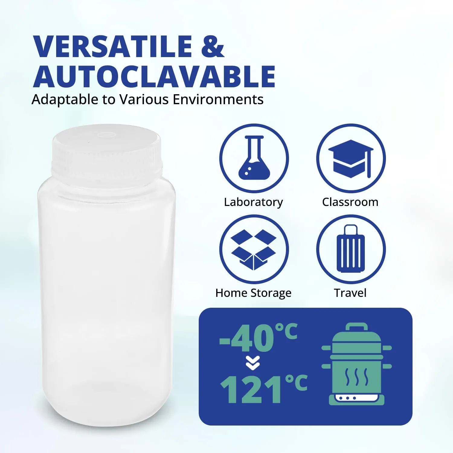 United Scientific® Unistore™ - Sample Containers with Lids - Laboratory Grade Polypropylene Wide Mouth Reagent Bottle - 16 Oz Bottles with Caps (500ml), Plastic Bottles with Lids, Case of 144