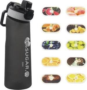 Upgrade Air Scented Up Water Bottle Set, Scent Water Bottle(24 oz/700 ml) with 10 Fruit Flavour Pods, Fruit Fragrance Scented Water Cup BPA Free Sports Water Cup for School, Gym(Frosted Black)