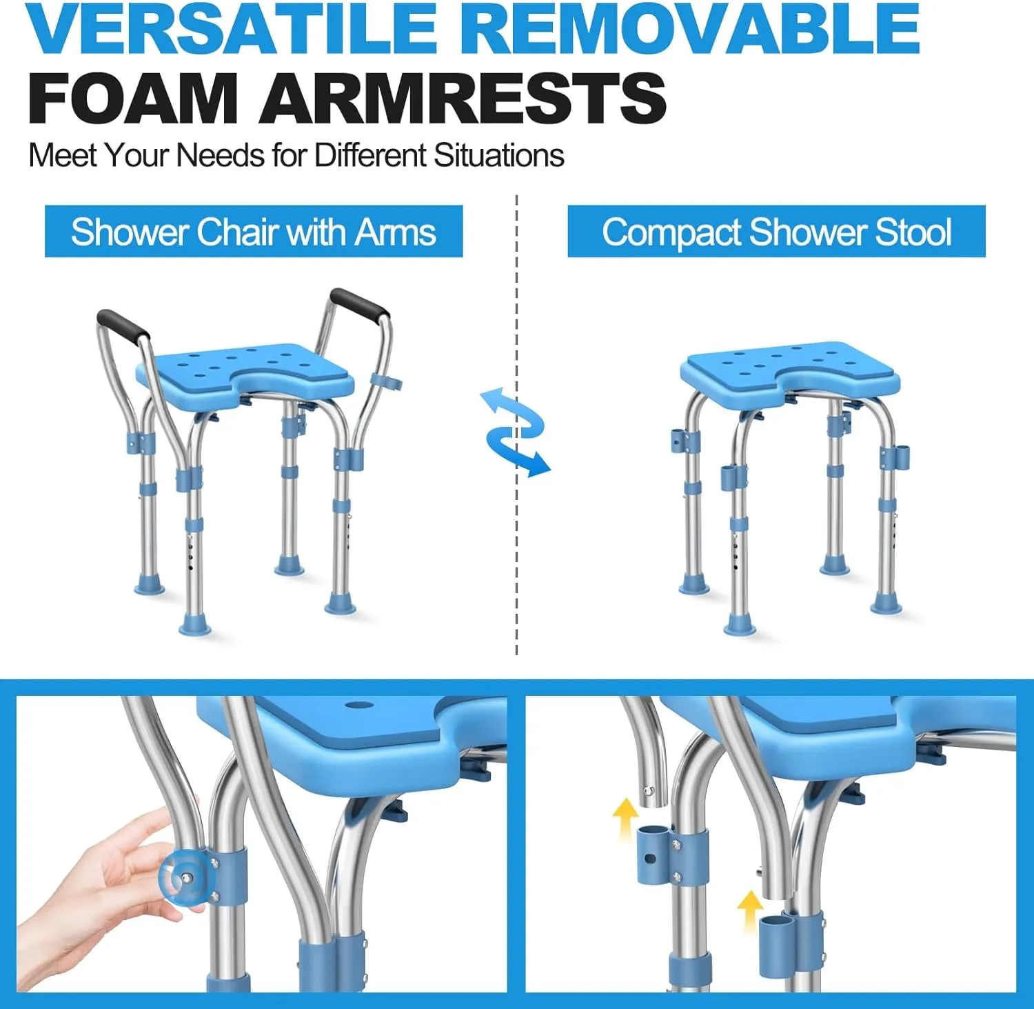 Upgraded Shower Chair with Cutout Seat, Stainless Steel Shower Bench with Removable Arms & Hygienic Design, Heavy Duty 450lbs Adjustable Bath Chair for Inside Shower, for Elderly & Disabled
