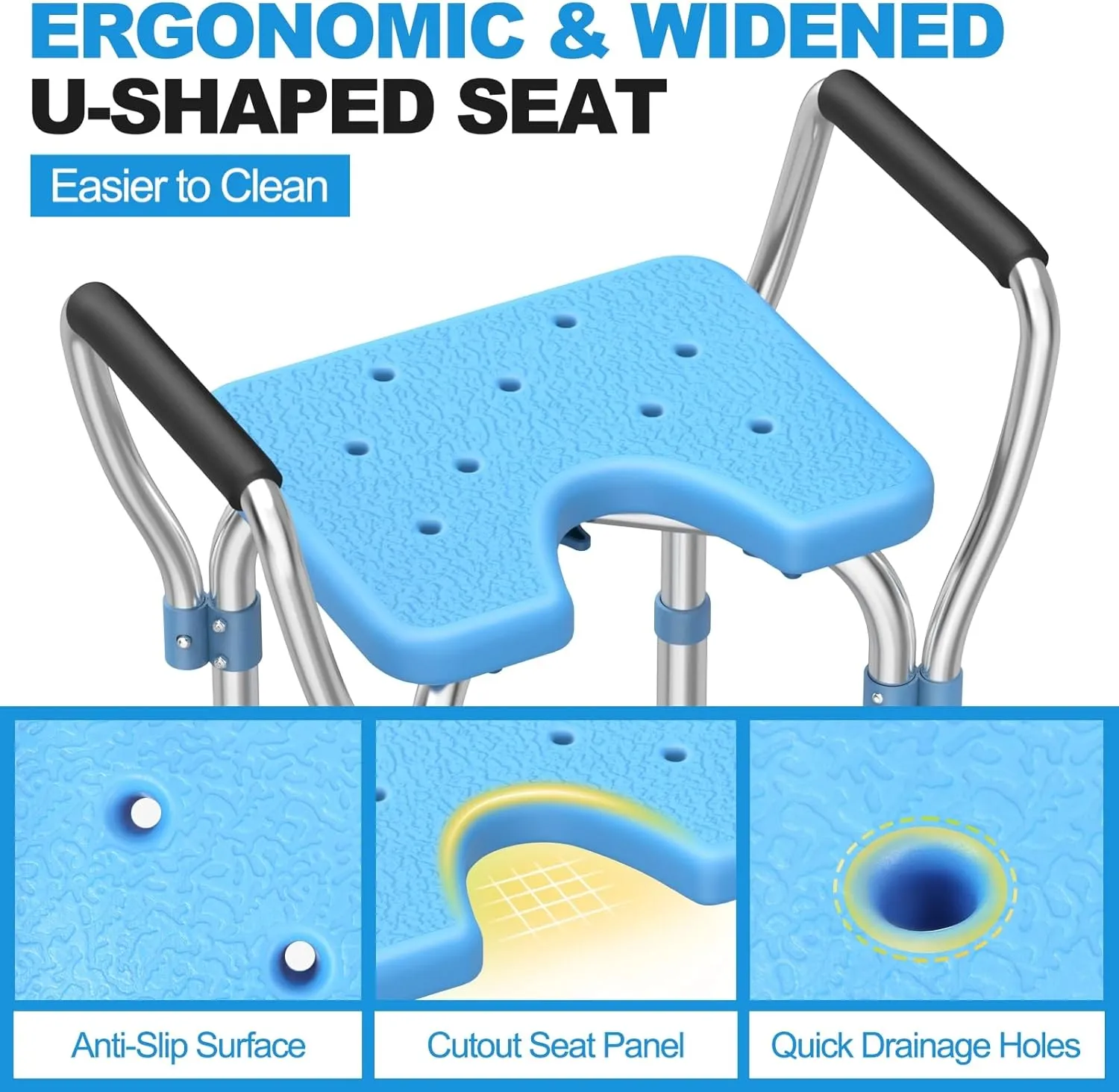 Upgraded Shower Chair with Cutout Seat, Stainless Steel Shower Bench with Removable Arms & Hygienic Design, Heavy Duty 450lbs Adjustable Bath Chair for Inside Shower, for Elderly & Disabled