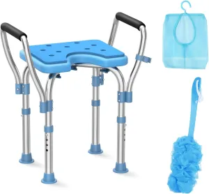 Upgraded Shower Chair with Cutout Seat, Stainless Steel Shower Bench with Removable Arms & Hygienic Design, Heavy Duty 450lbs Adjustable Bath Chair for Inside Shower, for Elderly & Disabled