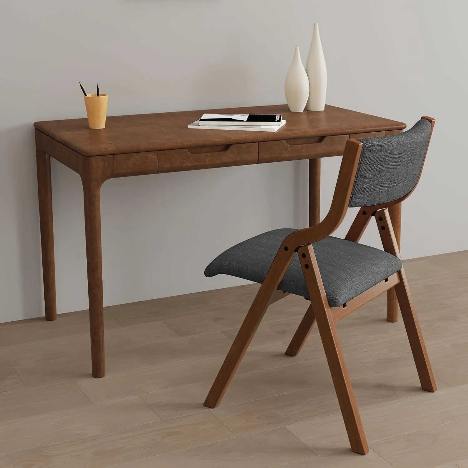 Upholstered Folding Dining Chairs Set of 2,Space Saving & Easy Carry Walnut Wood Chairs Portable Office Meeting-Chair for Kitchen, Dining Room, Indoor/Outdoor Events (2, Dark Grey Walnut)