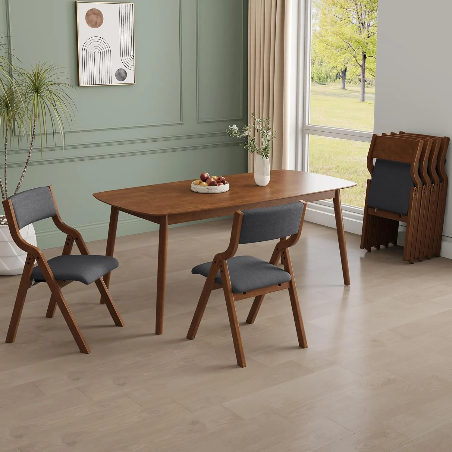 Upholstered Folding Dining Chairs Set of 2,Space Saving & Easy Carry Walnut Wood Chairs Portable Office Meeting-Chair for Kitchen, Dining Room, Indoor/Outdoor Events (2, Dark Grey Walnut)
