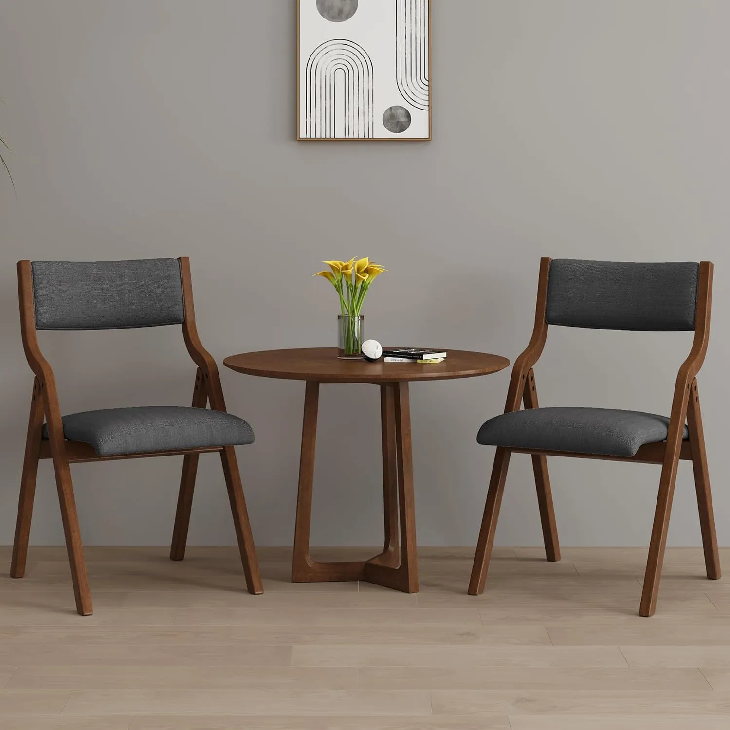 Upholstered Folding Dining Chairs Set of 2,Space Saving & Easy Carry Walnut Wood Chairs Portable Office Meeting-Chair for Kitchen, Dining Room, Indoor/Outdoor Events (2, Dark Grey Walnut)