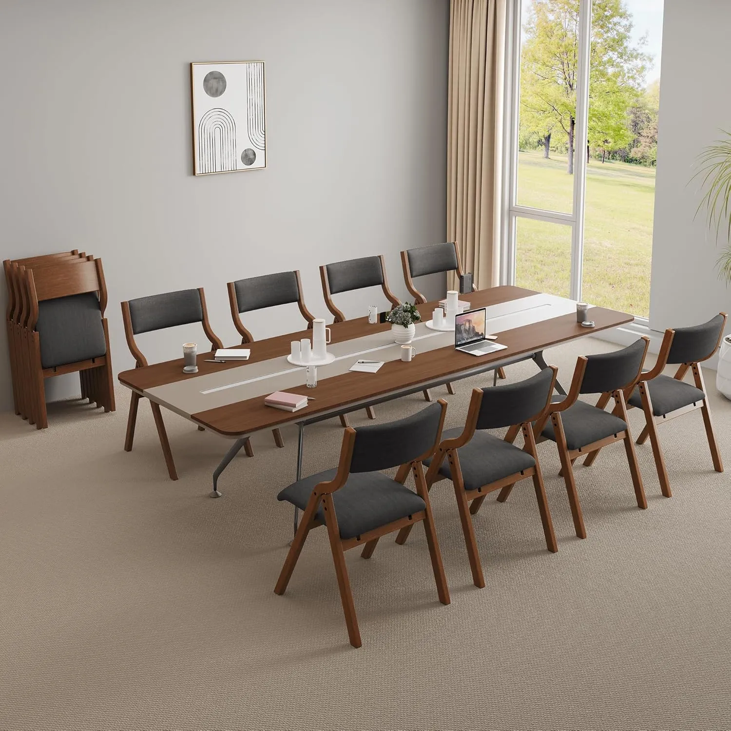 Upholstered Folding Dining Chairs Set of 2,Space Saving & Easy Carry Walnut Wood Chairs Portable Office Meeting-Chair for Kitchen, Dining Room, Indoor/Outdoor Events (2, Dark Grey Walnut)