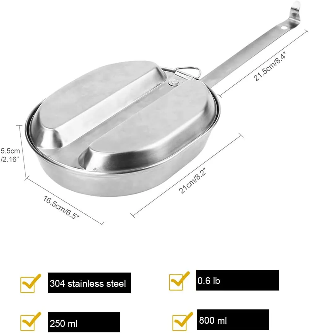 US Military Mess Kit,Stainless Steel Camping Lunch Box with Handle,Tray Frying Pan Portable for Outdoor Camping Hiking Picnic BBQ Beach Traveing