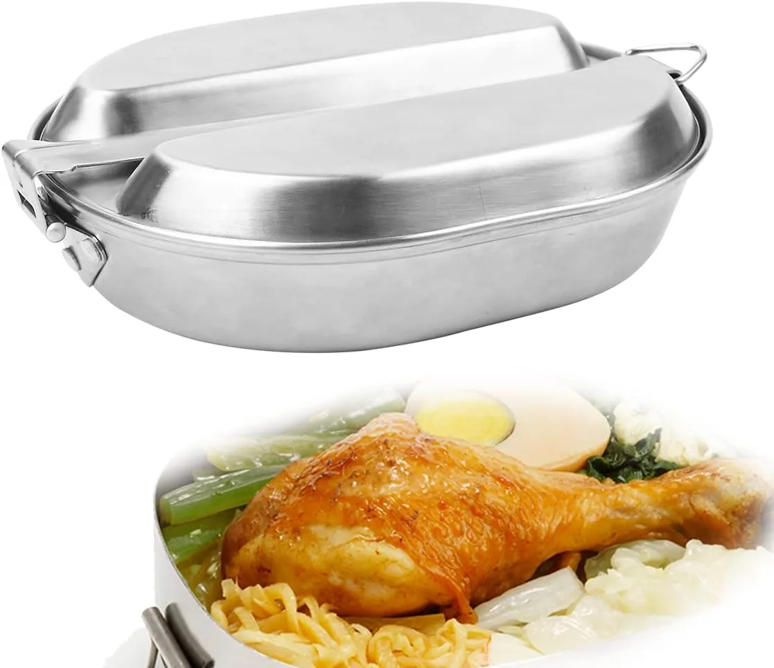 US Military Mess Kit,Stainless Steel Camping Lunch Box with Handle,Tray Frying Pan Portable for Outdoor Camping Hiking Picnic BBQ Beach Traveing