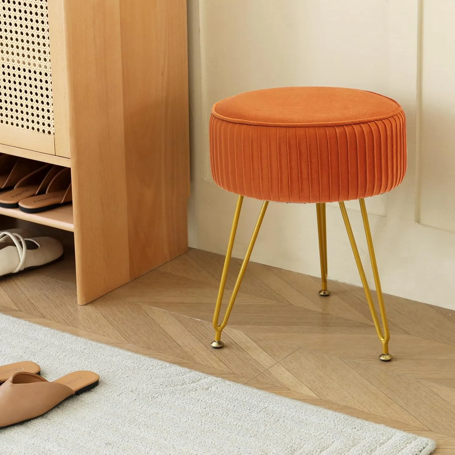 Velvet Vanity Stool Chair, Round Makeup Vanity Chair with Adjustable Metal Legs & Soft Padded Seat, Ottoman Foot Stool for Bedroom, Living Room, Entryway, Orange