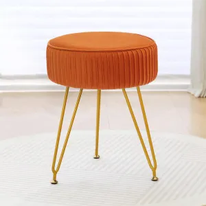 Velvet Vanity Stool Chair, Round Makeup Vanity Chair with Adjustable Metal Legs & Soft Padded Seat, Ottoman Foot Stool for Bedroom, Living Room, Entryway, Orange