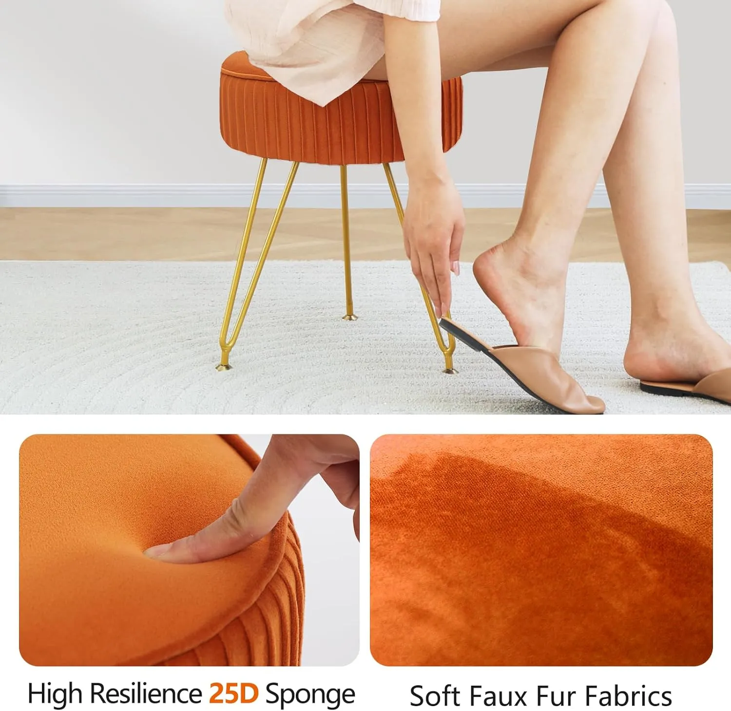 Velvet Vanity Stool Chair, Round Makeup Vanity Chair with Adjustable Metal Legs & Soft Padded Seat, Ottoman Foot Stool for Bedroom, Living Room, Entryway, Orange