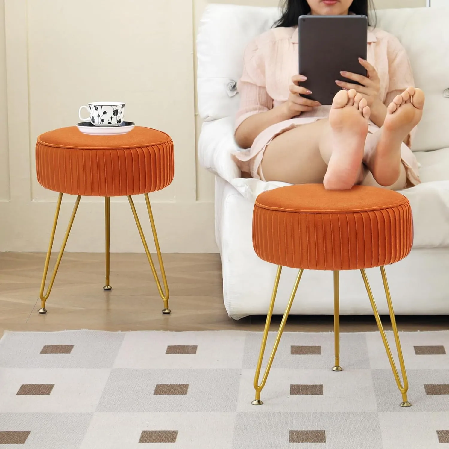 Velvet Vanity Stool Chair, Round Makeup Vanity Chair with Adjustable Metal Legs & Soft Padded Seat, Ottoman Foot Stool for Bedroom, Living Room, Entryway, Orange