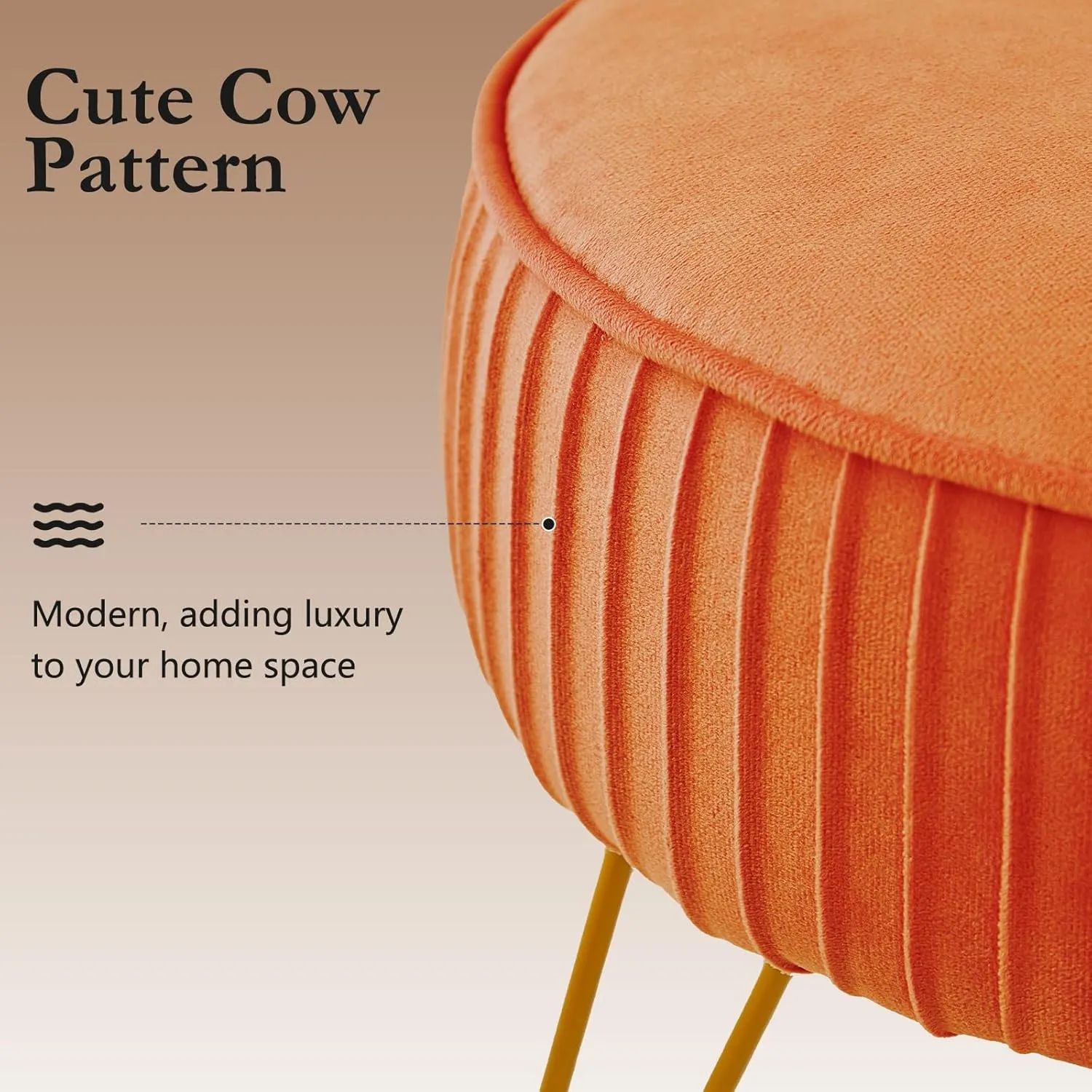 Velvet Vanity Stool Chair, Round Makeup Vanity Chair with Adjustable Metal Legs & Soft Padded Seat, Ottoman Foot Stool for Bedroom, Living Room, Entryway, Orange
