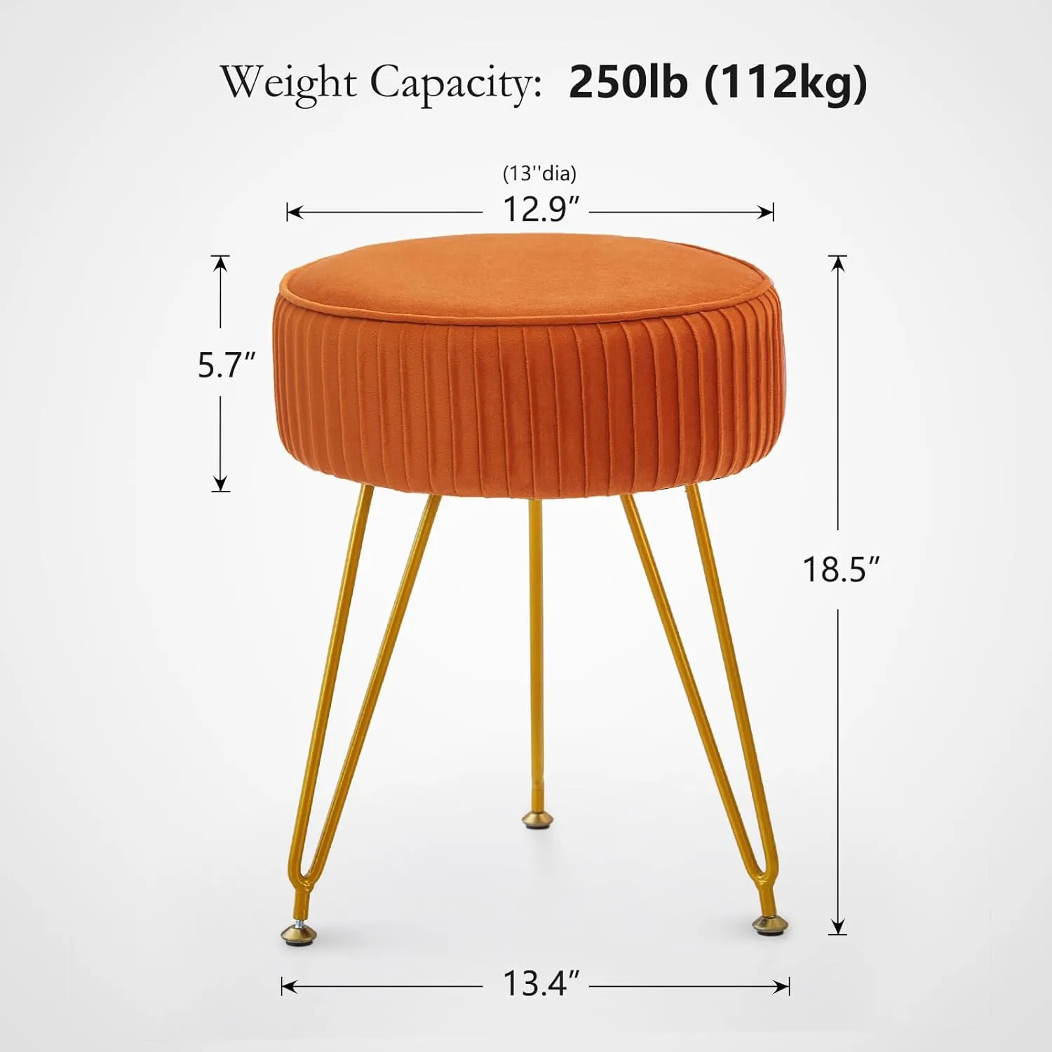 Velvet Vanity Stool Chair, Round Makeup Vanity Chair with Adjustable Metal Legs & Soft Padded Seat, Ottoman Foot Stool for Bedroom, Living Room, Entryway, Orange