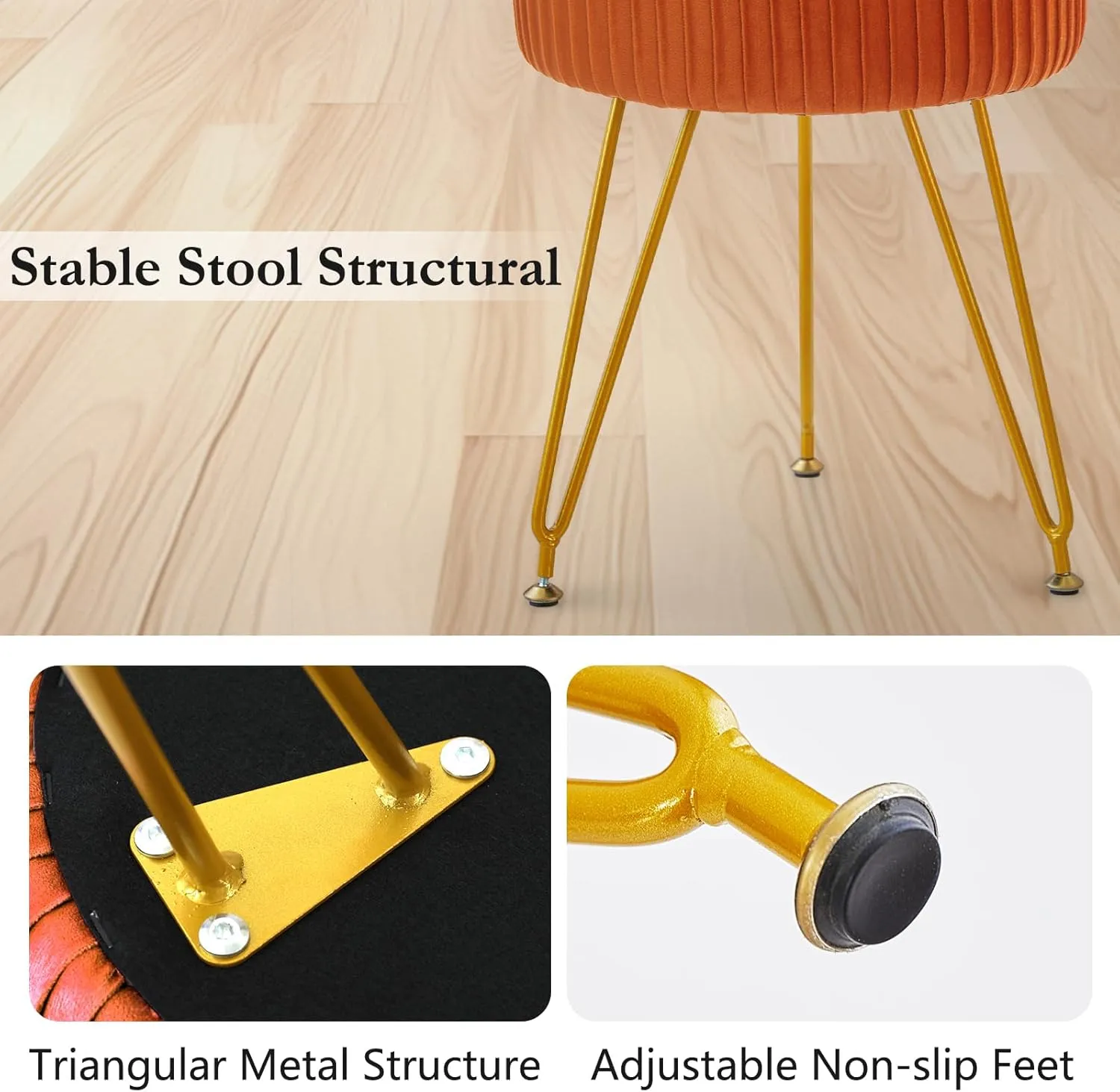 Velvet Vanity Stool Chair, Round Makeup Vanity Chair with Adjustable Metal Legs & Soft Padded Seat, Ottoman Foot Stool for Bedroom, Living Room, Entryway, Orange