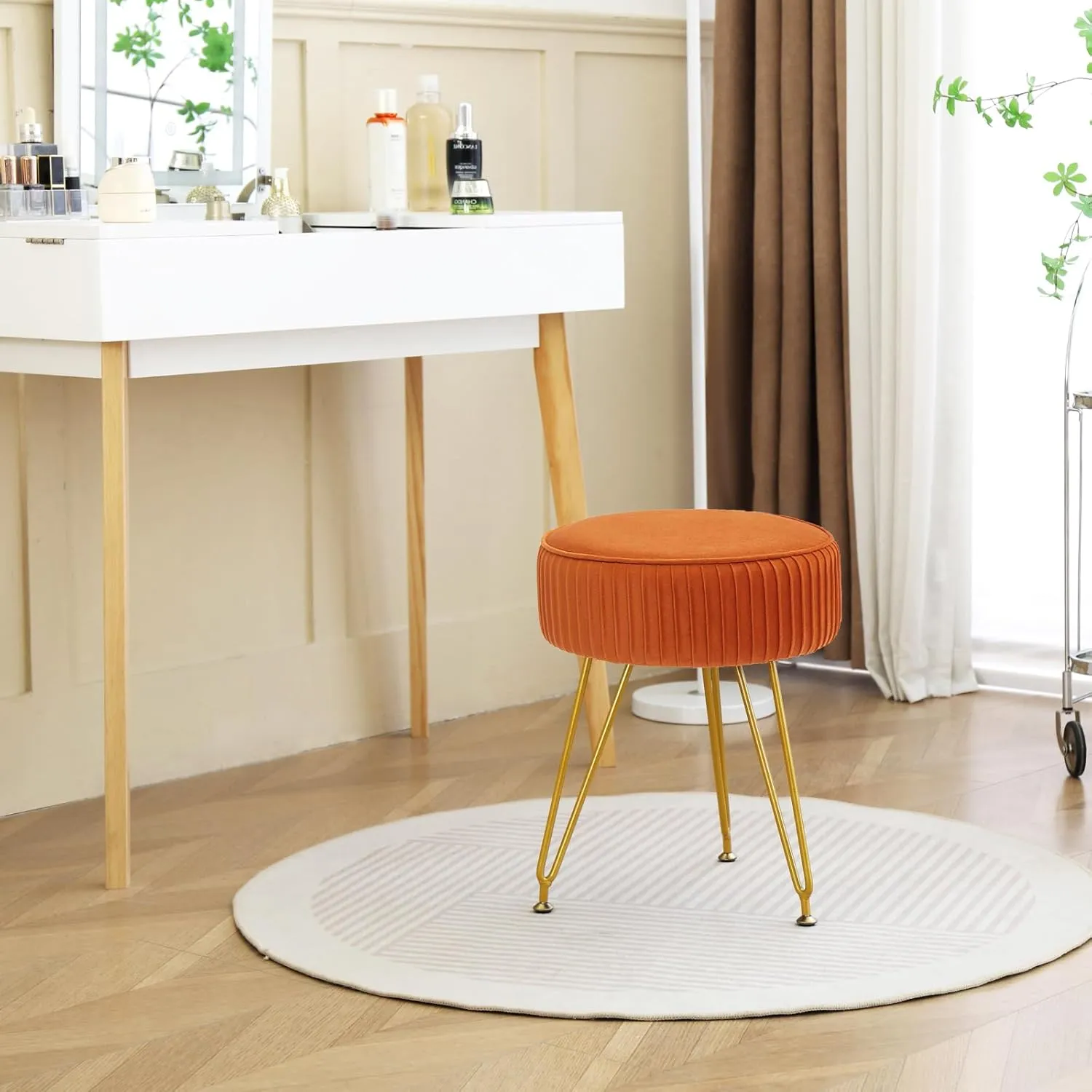 Velvet Vanity Stool Chair, Round Makeup Vanity Chair with Adjustable Metal Legs & Soft Padded Seat, Ottoman Foot Stool for Bedroom, Living Room, Entryway, Orange