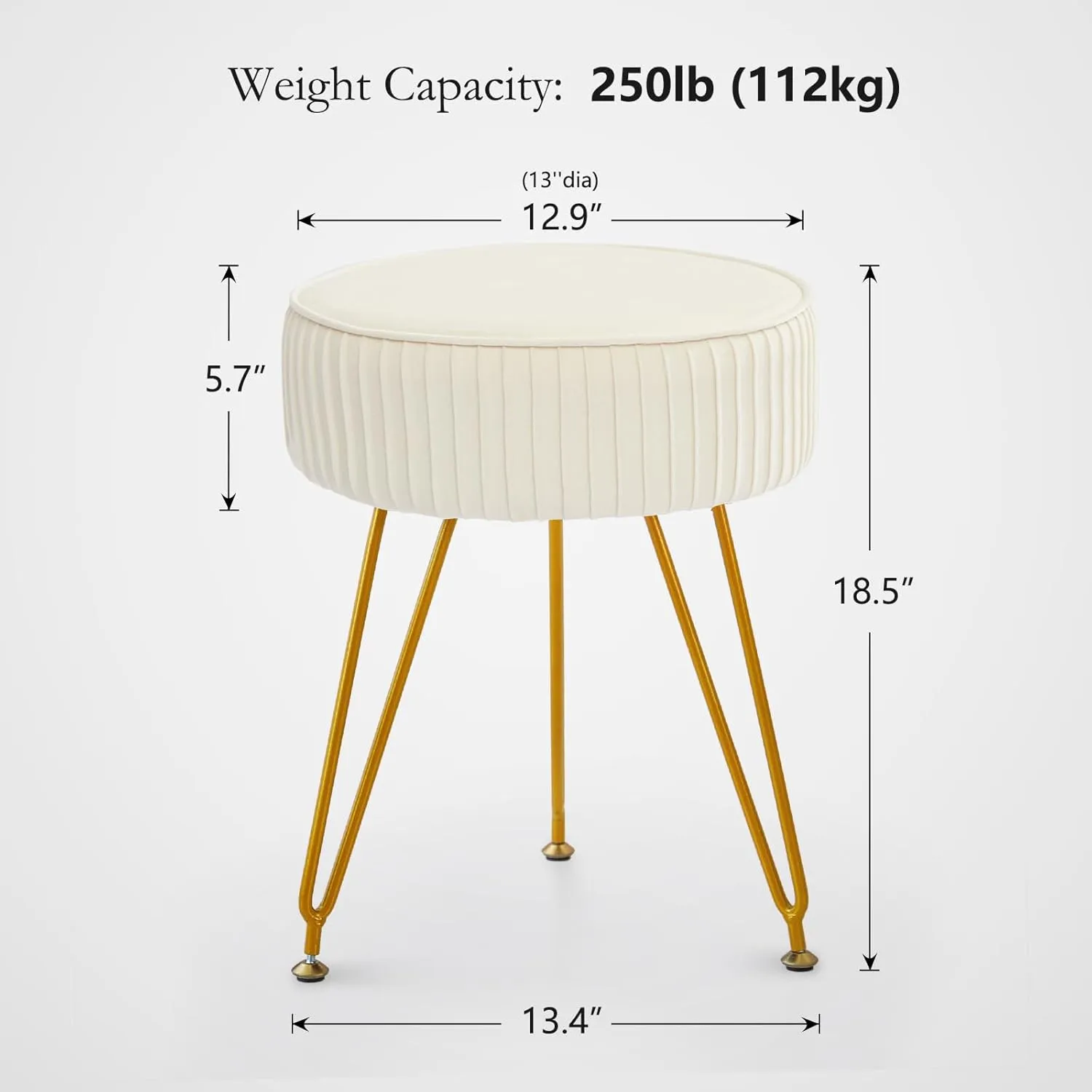 Velvet Vanity Stool Chair, Round Makeup Vanity Chair with Adjustable Metal Legs & Soft Padded Seat, Ottoman Foot Stool for Bedroom, Living Room, Entryway