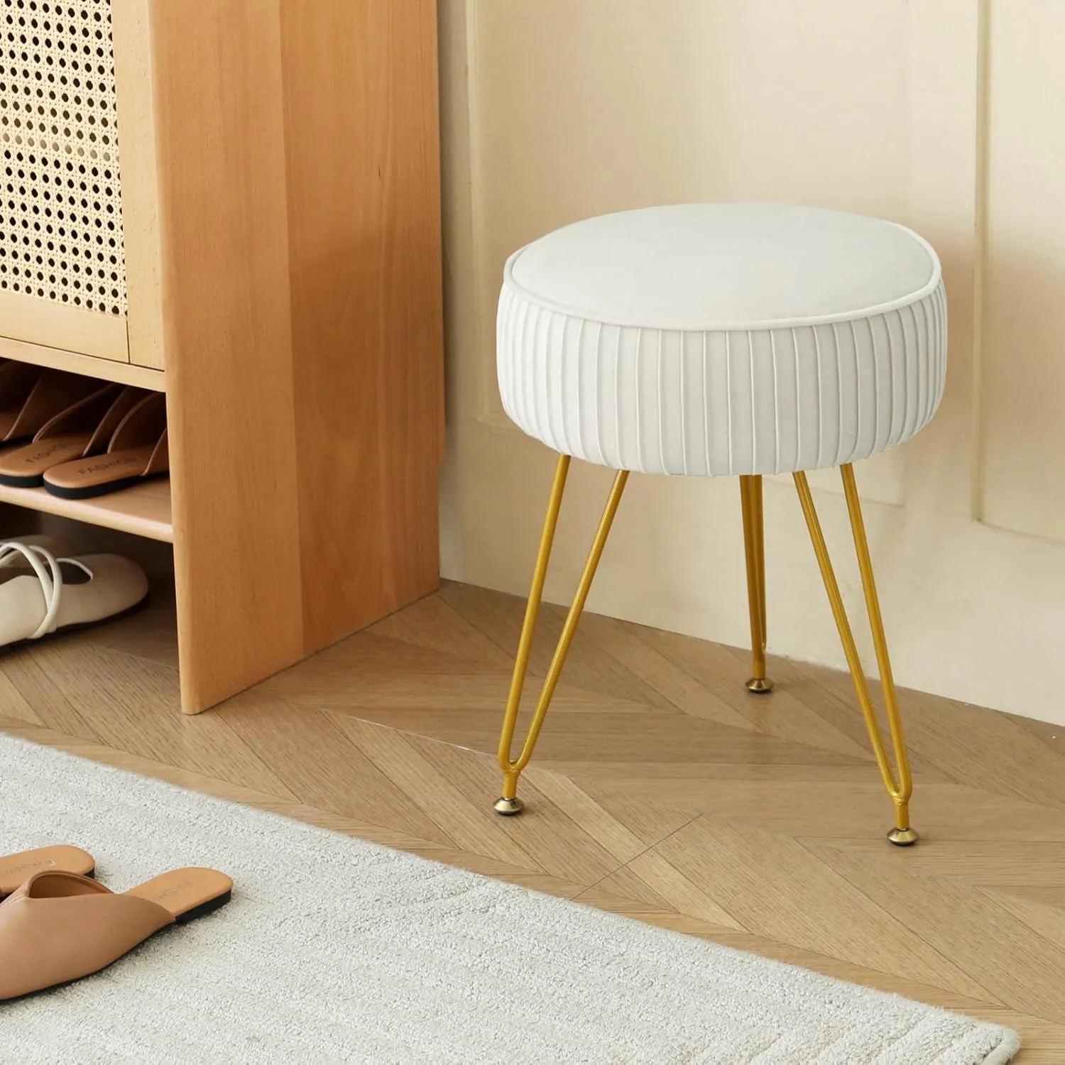 Velvet Vanity Stool Chair, Round Makeup Vanity Chair with Adjustable Metal Legs & Soft Padded Seat, Ottoman Foot Stool for Bedroom, Living Room, Entryway