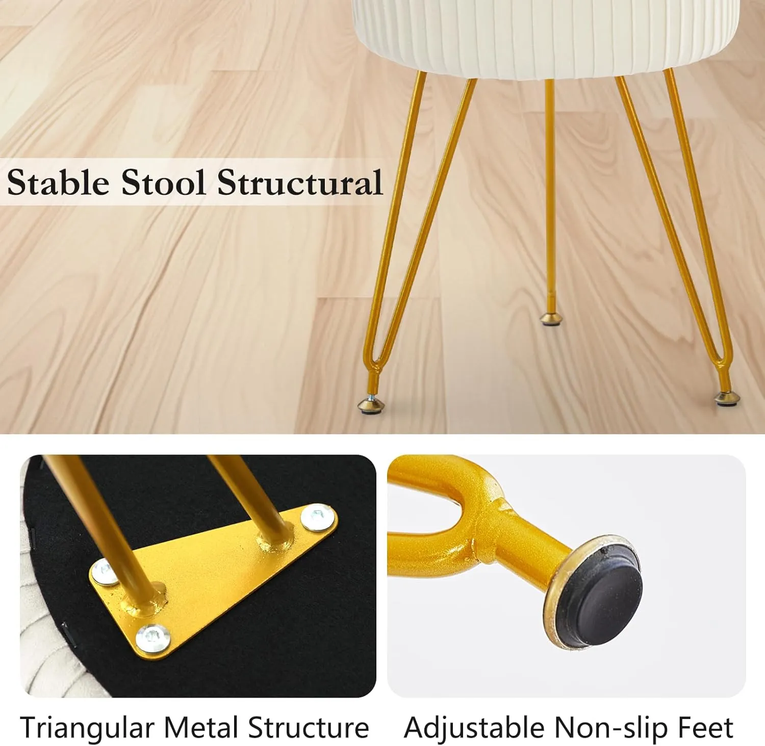 Velvet Vanity Stool Chair, Round Makeup Vanity Chair with Adjustable Metal Legs & Soft Padded Seat, Ottoman Foot Stool for Bedroom, Living Room, Entryway