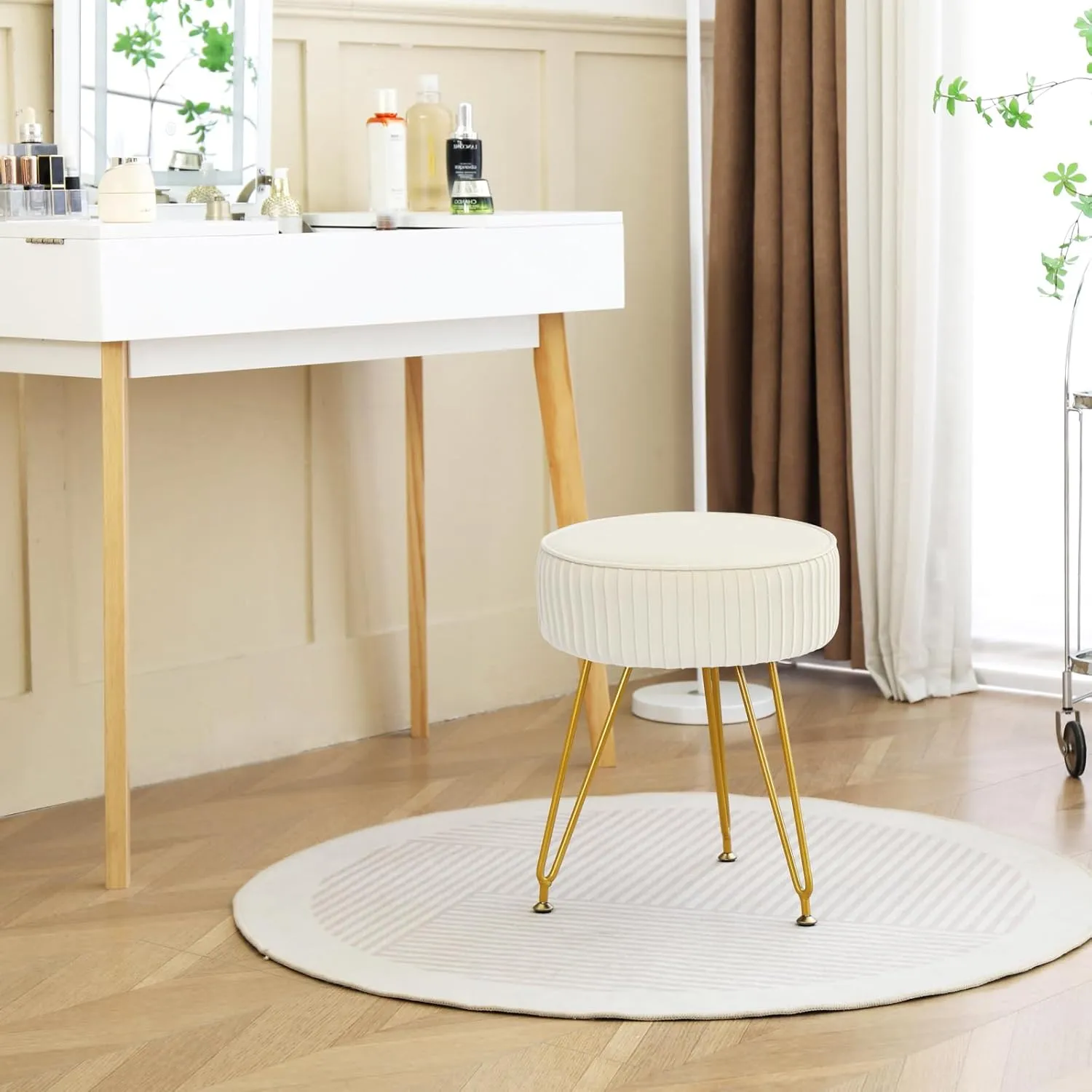 Velvet Vanity Stool Chair, Round Makeup Vanity Chair with Adjustable Metal Legs & Soft Padded Seat, Ottoman Foot Stool for Bedroom, Living Room, Entryway