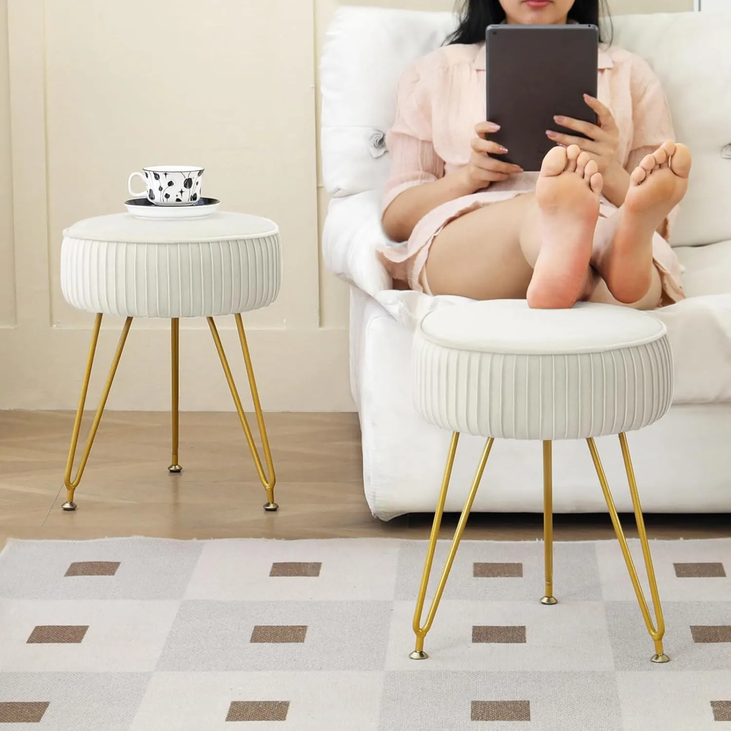 Velvet Vanity Stool Chair, Round Makeup Vanity Chair with Adjustable Metal Legs & Soft Padded Seat, Ottoman Foot Stool for Bedroom, Living Room, Entryway