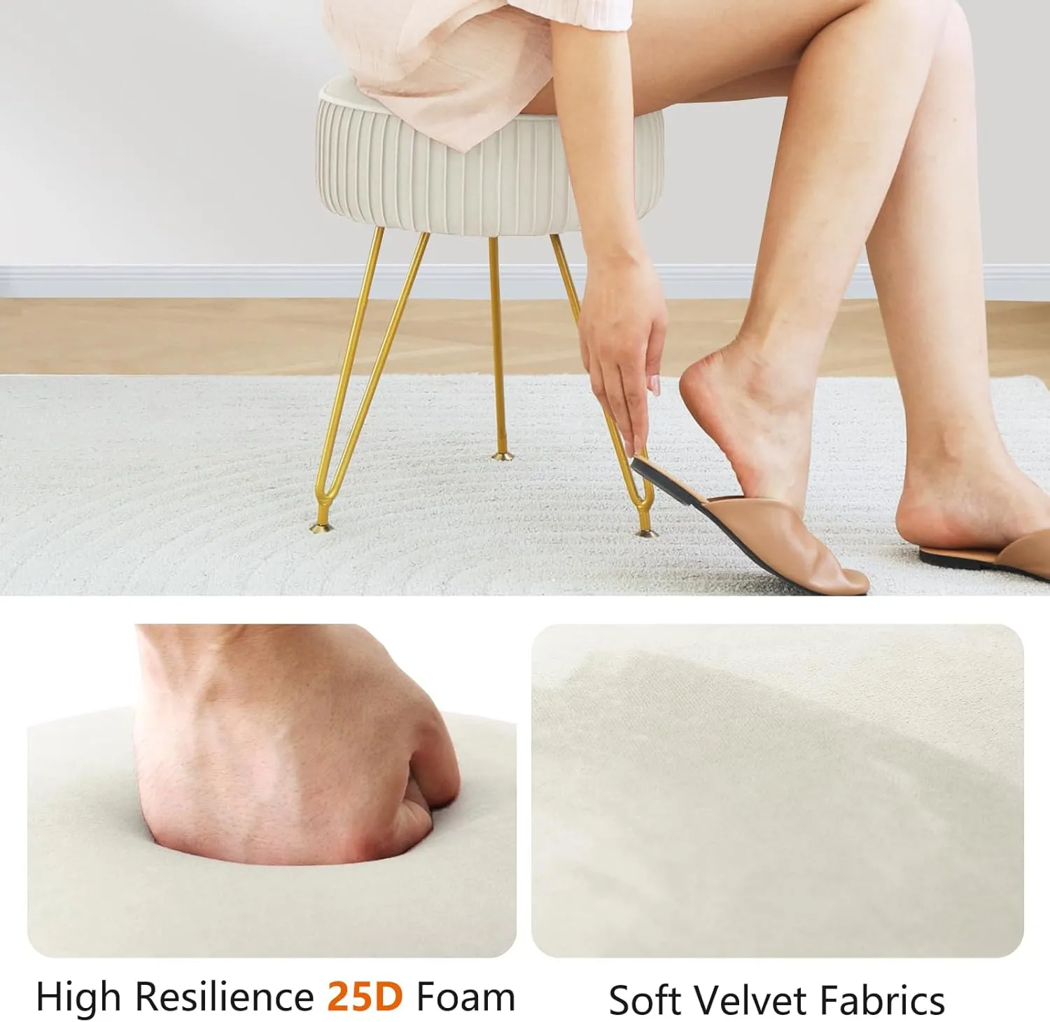 Velvet Vanity Stool Chair, Round Makeup Vanity Chair with Adjustable Metal Legs & Soft Padded Seat, Ottoman Foot Stool for Bedroom, Living Room, Entryway
