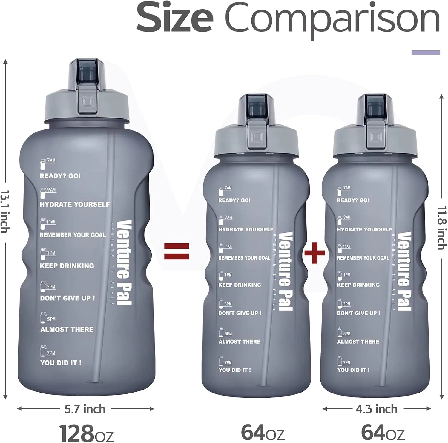 Venture Pal Large 64 & 128 OZ Water Bottle with Straw Motivational Gallon Water Bottle with Time Marker Water Jug for Drinking Home Office & Sports