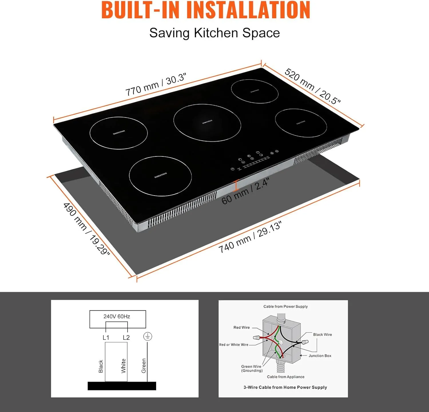 VEVOR Electric Cooktop, 5 Burners, 36'' Induction Stove Top, Built-in Magnetic Cooktop 9200W, 9 Heating Level Multifunctional Burner, LED Touch Screen w/Child Lock & Over-Temperature Protection