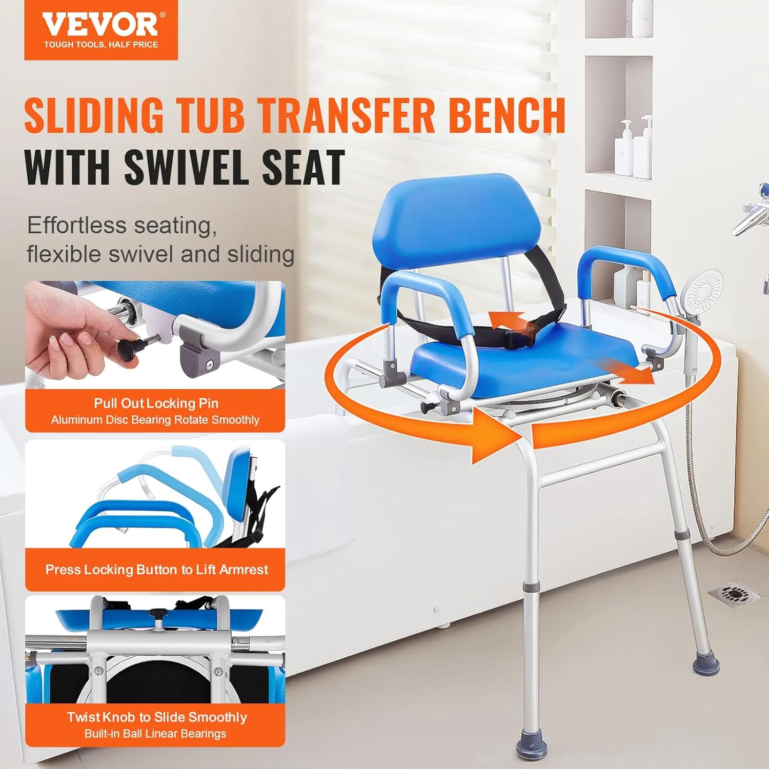 VEVOR Sliding Tub Transfer Bench with 360 Degree Swivel Seat, Sliding Shower Chair with Pivoting Armrest & Padded Seat and Safety Belt, Height Adjustable Bath Chair for Elderly Disabled, 330LBS