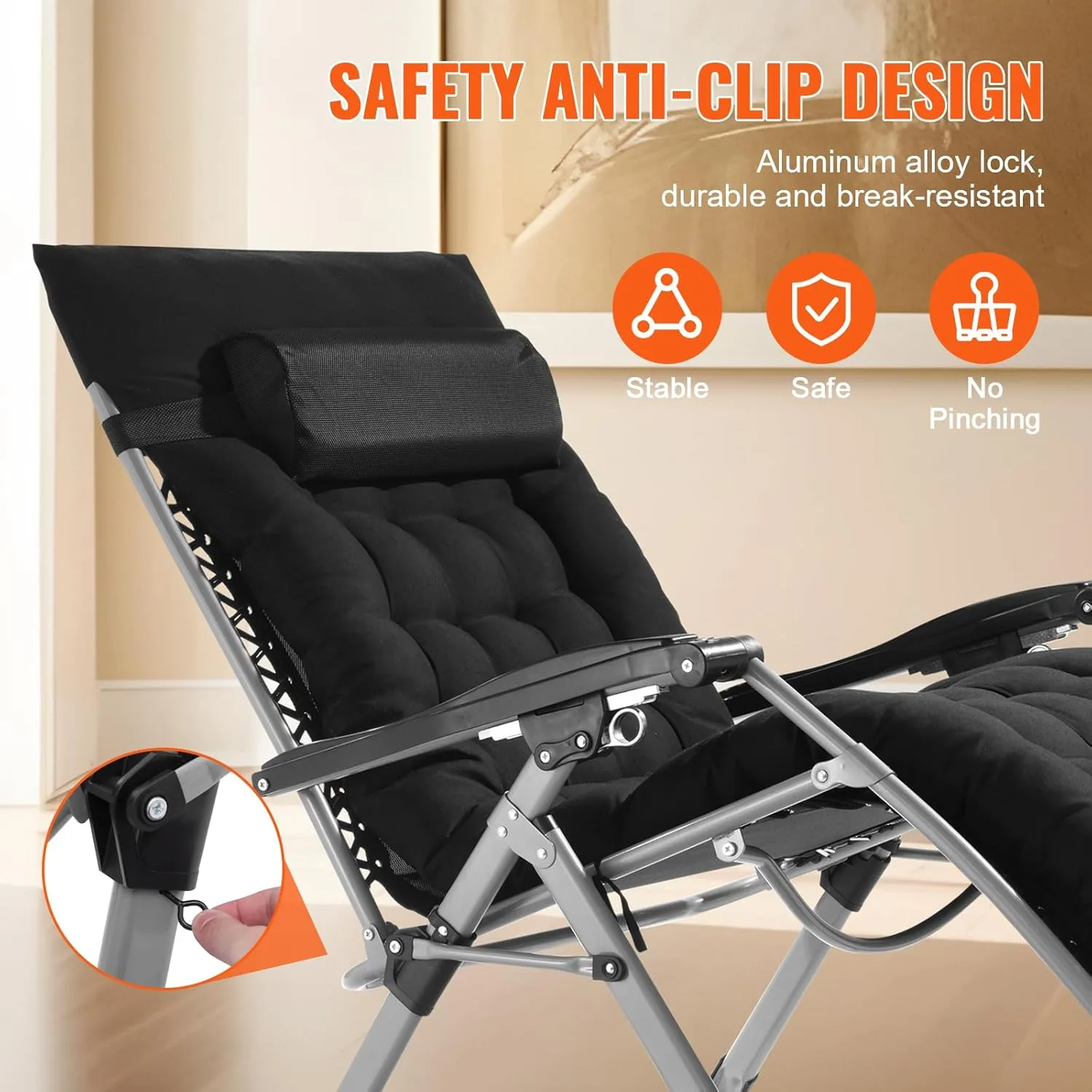 VEVOR Zero Gravity Chair, 33 inch Zero Gravity Recliner Lounge Chair for Indoor and Outdoor, Adjustable Anti Gravity Chair with Cushion, Headrest, Footrest, and Cupholder, 500 lbs, Black