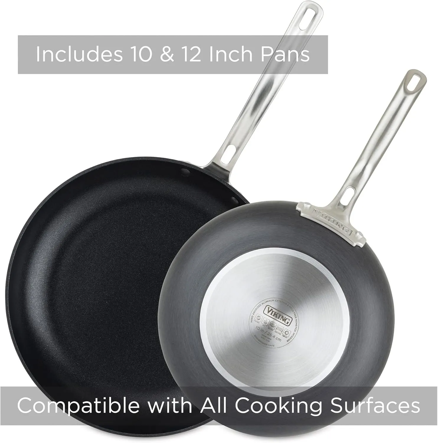 Viking Non Stick Frying Pans, 2 Piece Hard Anodized Kitchen Cookware, 10 and 12 Inch, Gray