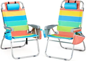 VINGLI 2 Pack Tall Beach Chair, 16" with 5-Position, Cooler Bag, Cup Holders, Towel Bar, Lightweight Folding Beach Camping Chairs for Adults