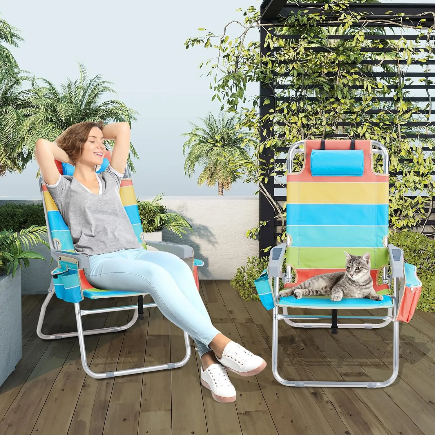 VINGLI 2 Pack Tall Beach Chair, 16" with 5-Position, Cooler Bag, Cup Holders, Towel Bar, Lightweight Folding Beach Camping Chairs for Adults