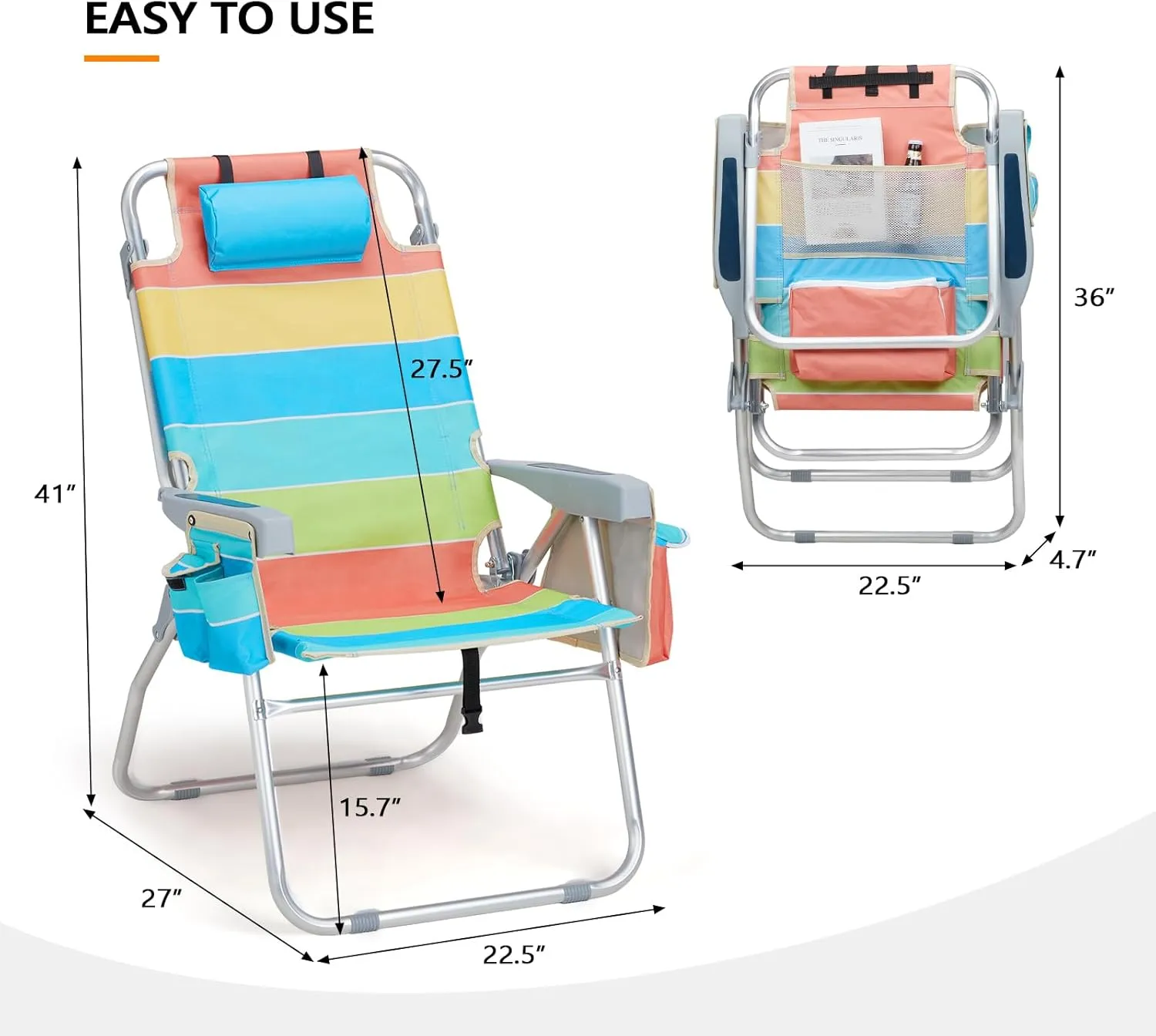 VINGLI 2 Pack Tall Beach Chair, 16" with 5-Position, Cooler Bag, Cup Holders, Towel Bar, Lightweight Folding Beach Camping Chairs for Adults