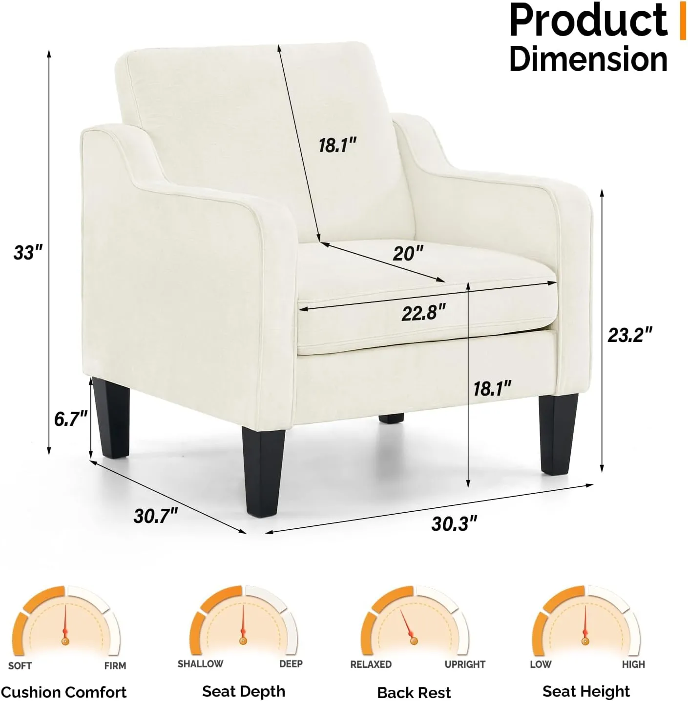 VINGLI Mid Century Modern Accent Chairs for Living Room & Reading - Soft Chenille Upholstered Arm & Side Chairs (Creamy White)
