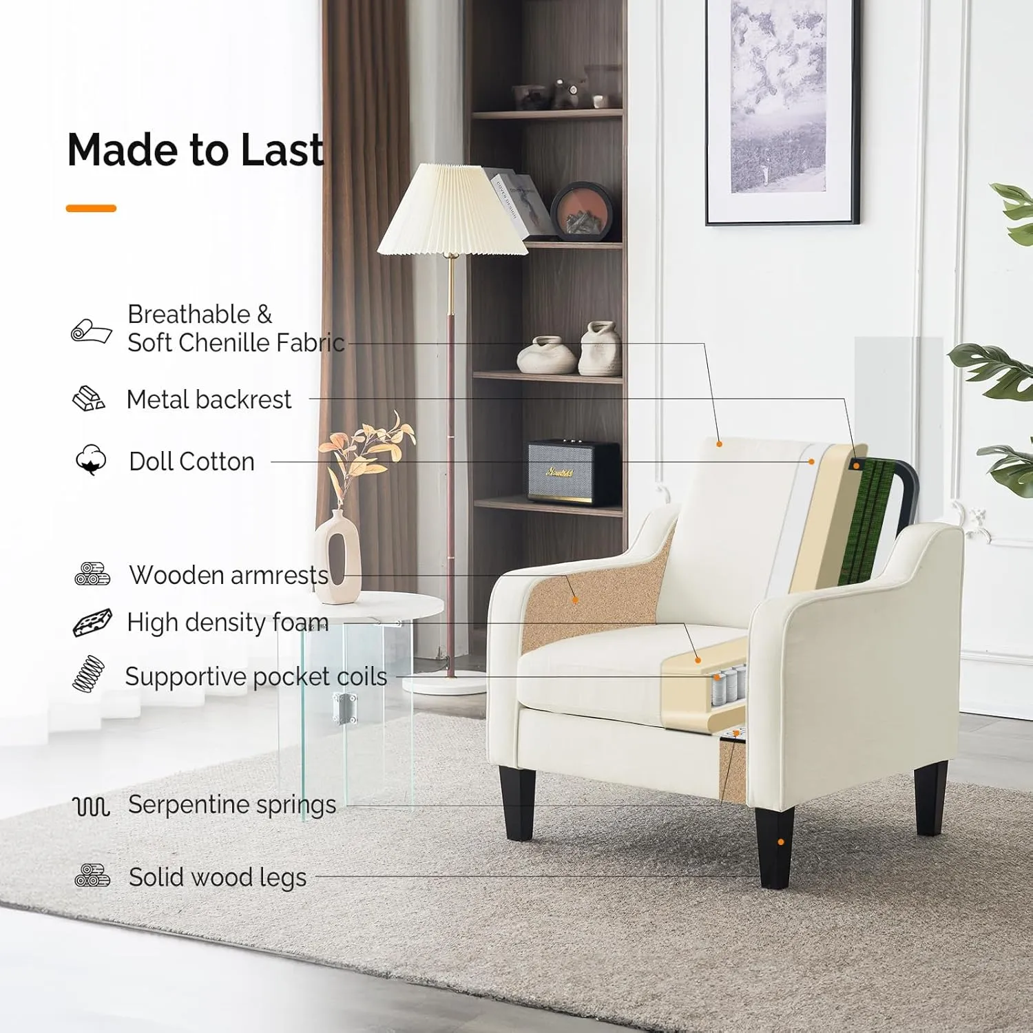 VINGLI Mid Century Modern Accent Chairs for Living Room & Reading - Soft Chenille Upholstered Arm & Side Chairs (Creamy White)