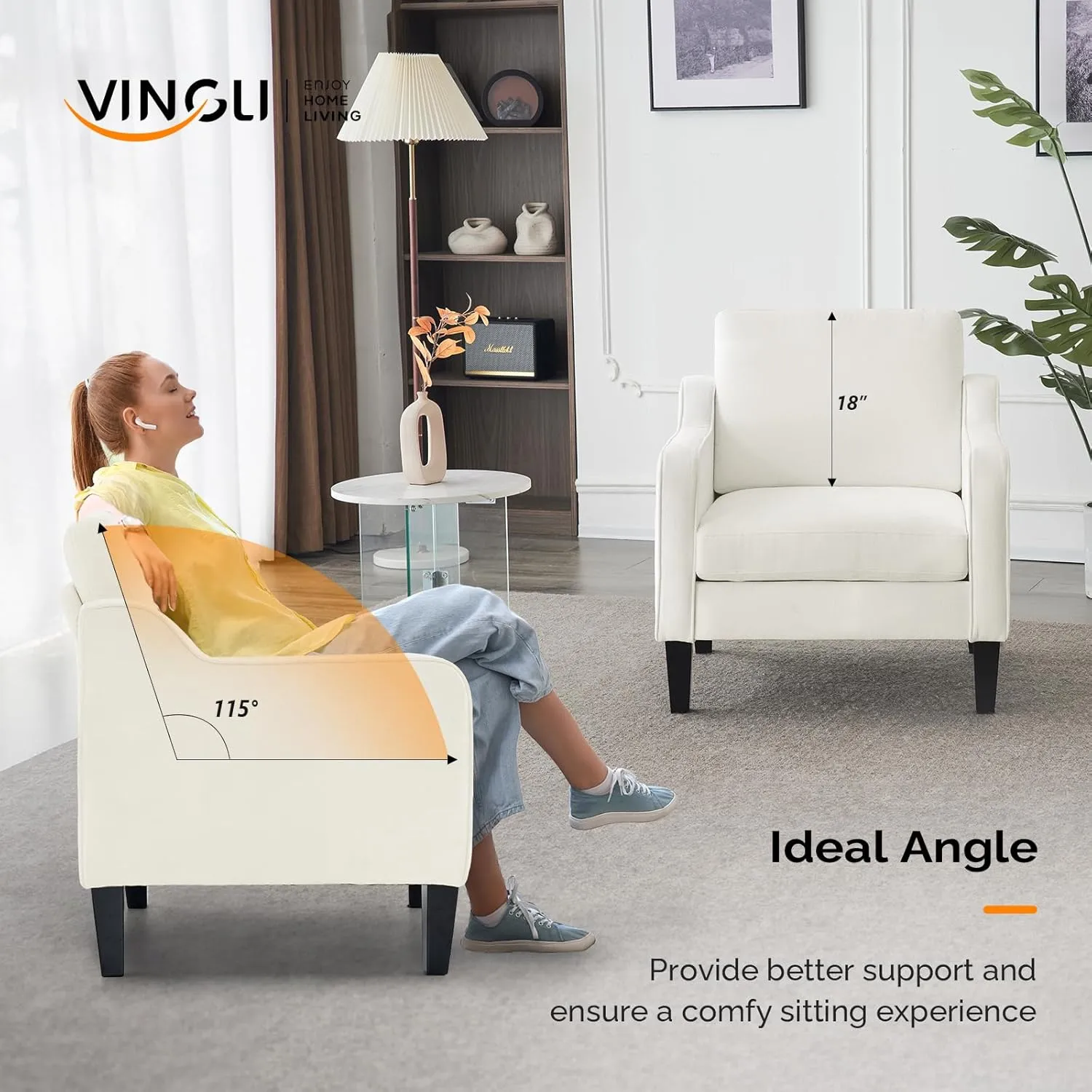 VINGLI Mid Century Modern Accent Chairs for Living Room & Reading - Soft Chenille Upholstered Arm & Side Chairs (Creamy White)