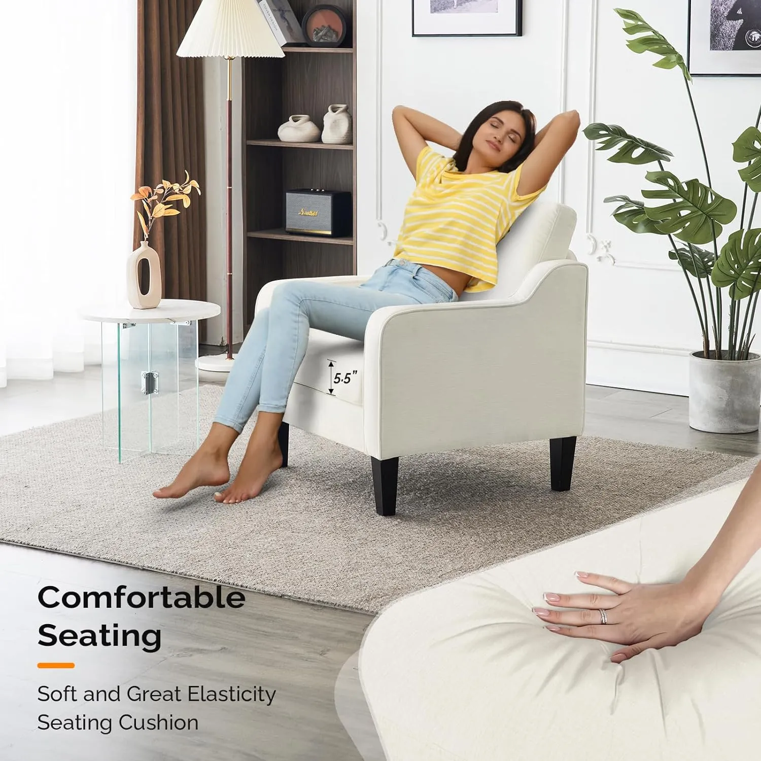VINGLI Mid Century Modern Accent Chairs for Living Room & Reading - Soft Chenille Upholstered Arm & Side Chairs (Creamy White)