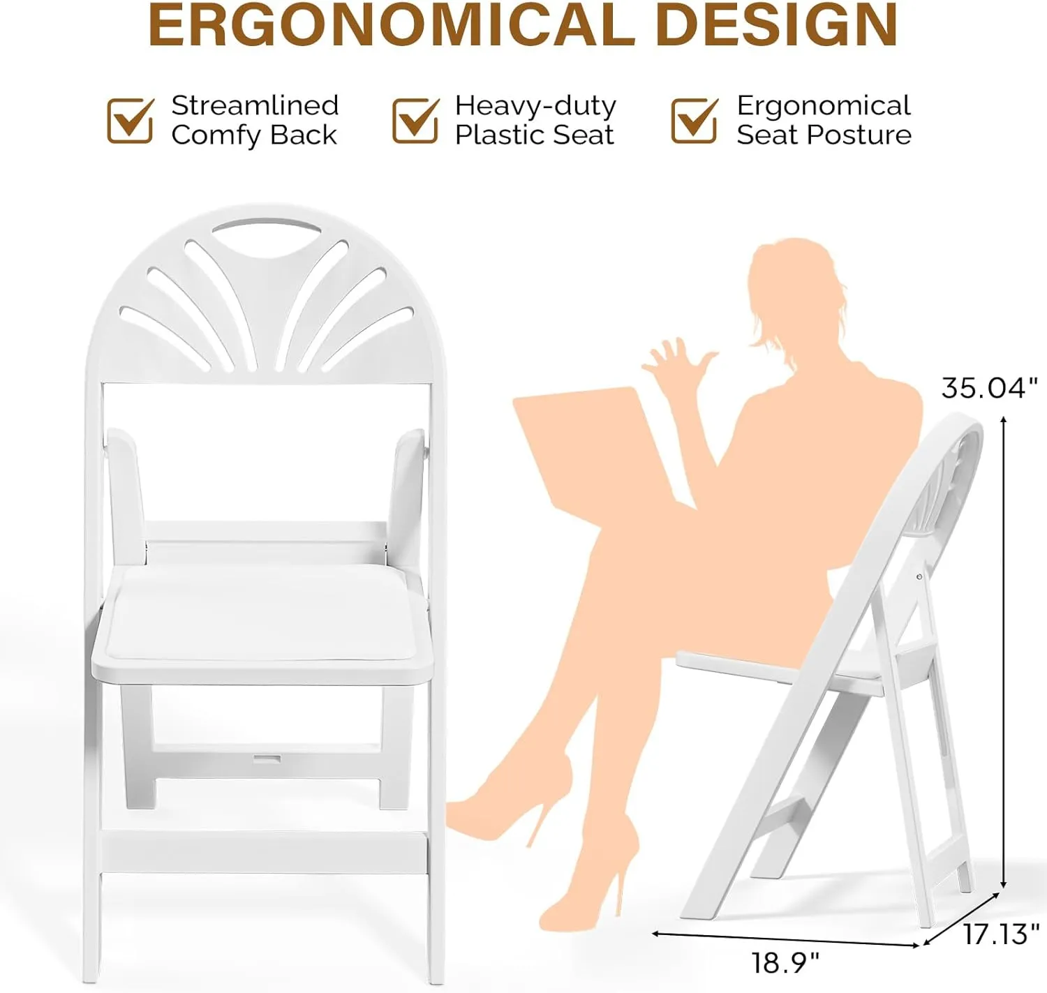 VINGLI White Resin Plastic Folding Chair with Padding Seat, Foldable Plastic Chair Weight Capacity to 350 lbs Perfect for Event Party Indoor Outdoor, Shell Backrest, 4 Pack