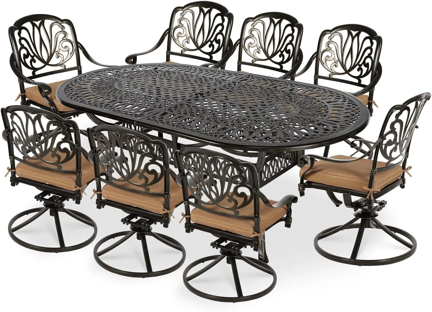 VIVIJASON 9-Piece Patio Furniture Dining Set, All-Weather Cast Aluminum Outdoor Conversation Set, Include 8 Swivel Dining Chairs and an Oval Table with Umbrella Hole for Lawn Garden Backyard