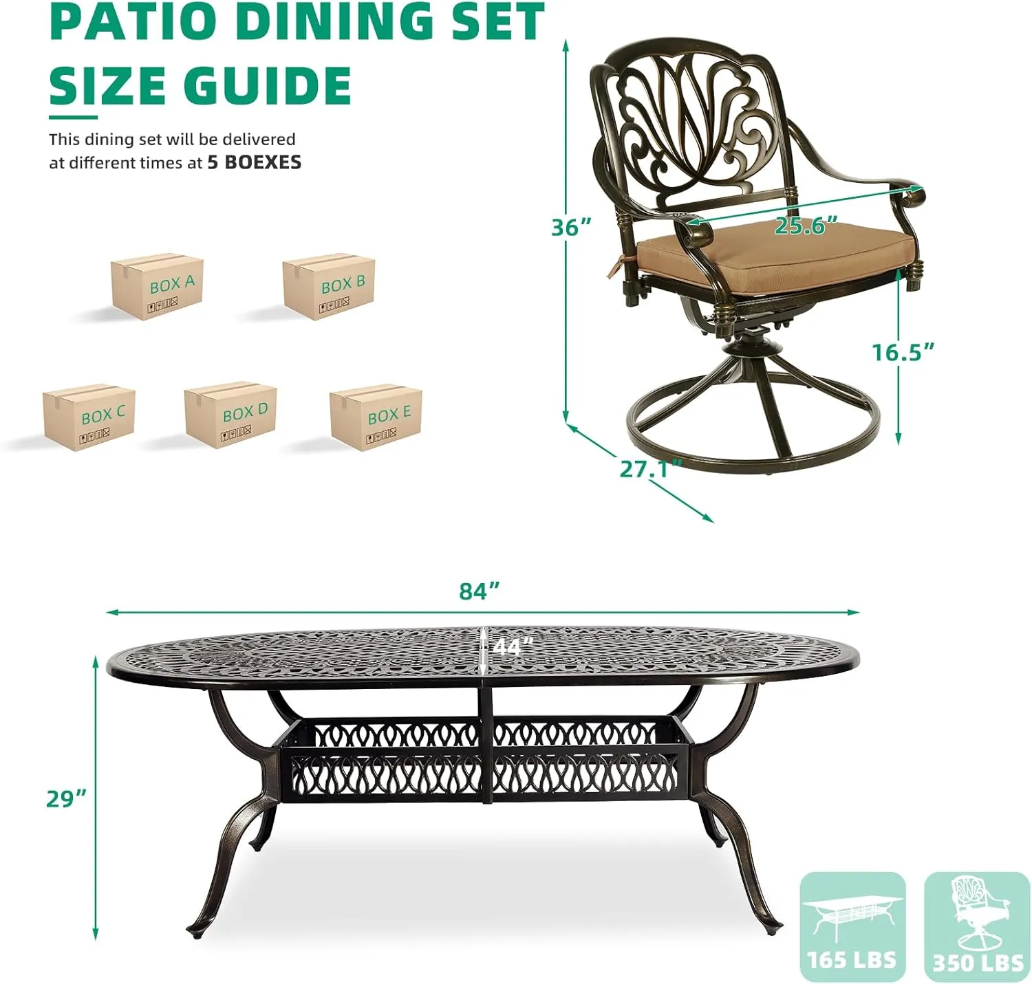 VIVIJASON 9-Piece Patio Furniture Dining Set, All-Weather Cast Aluminum Outdoor Conversation Set, Include 8 Swivel Dining Chairs and an Oval Table with Umbrella Hole for Lawn Garden Backyard