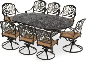 VIVIJASON 9-Piece Patio Furniture Dining Set, All-Weather Cast Aluminum Outdoor Conversation Set, Include 8 Swivel Dining Chairs and an Oval Table with Umbrella Hole for Lawn Garden Backyard