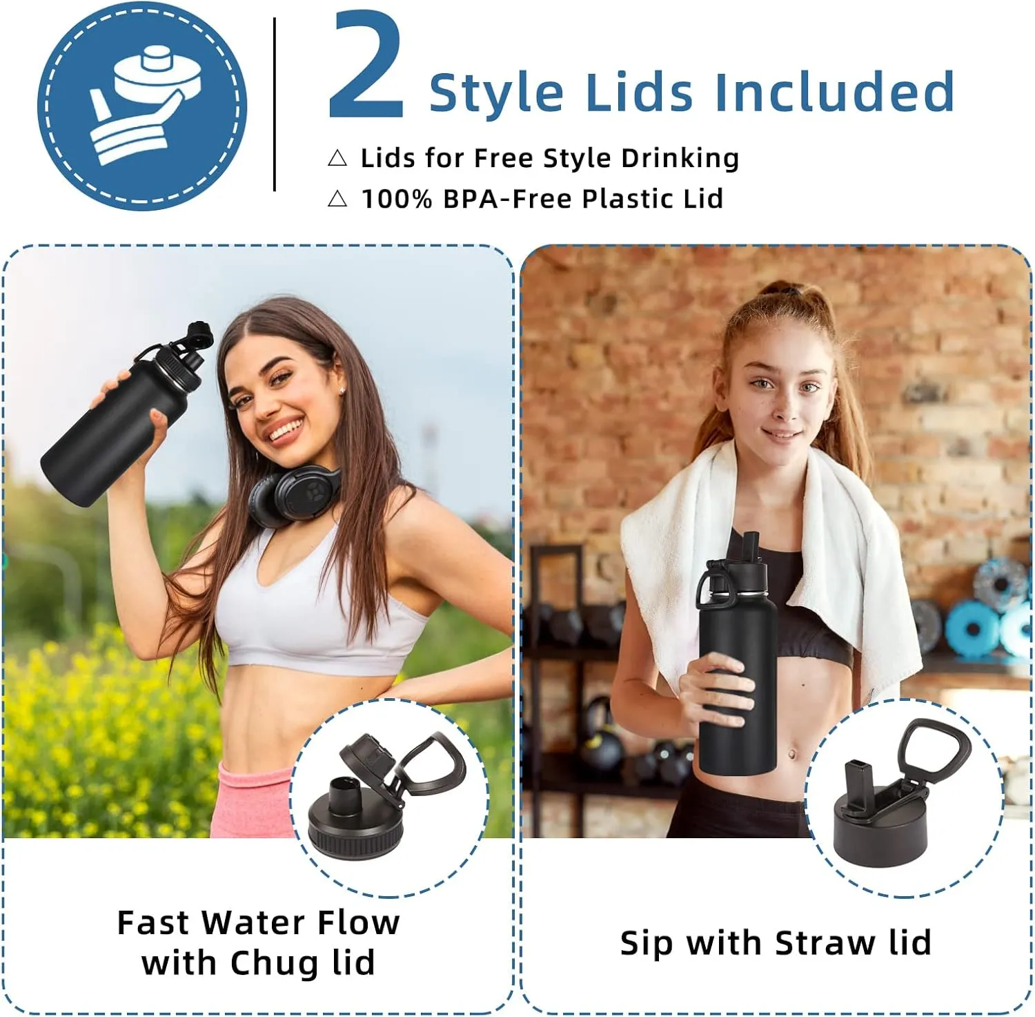 Volhoply 32 oz Insulated Water Bottles Bulk 8 Pack with Straw Lid & Spout Lid,Stainless Steel Sports Water Bottle,Double Wall Vacuum Cups,Leakproof Wide Mouth Metal Flask for Hiking,Camping(Mix,8)