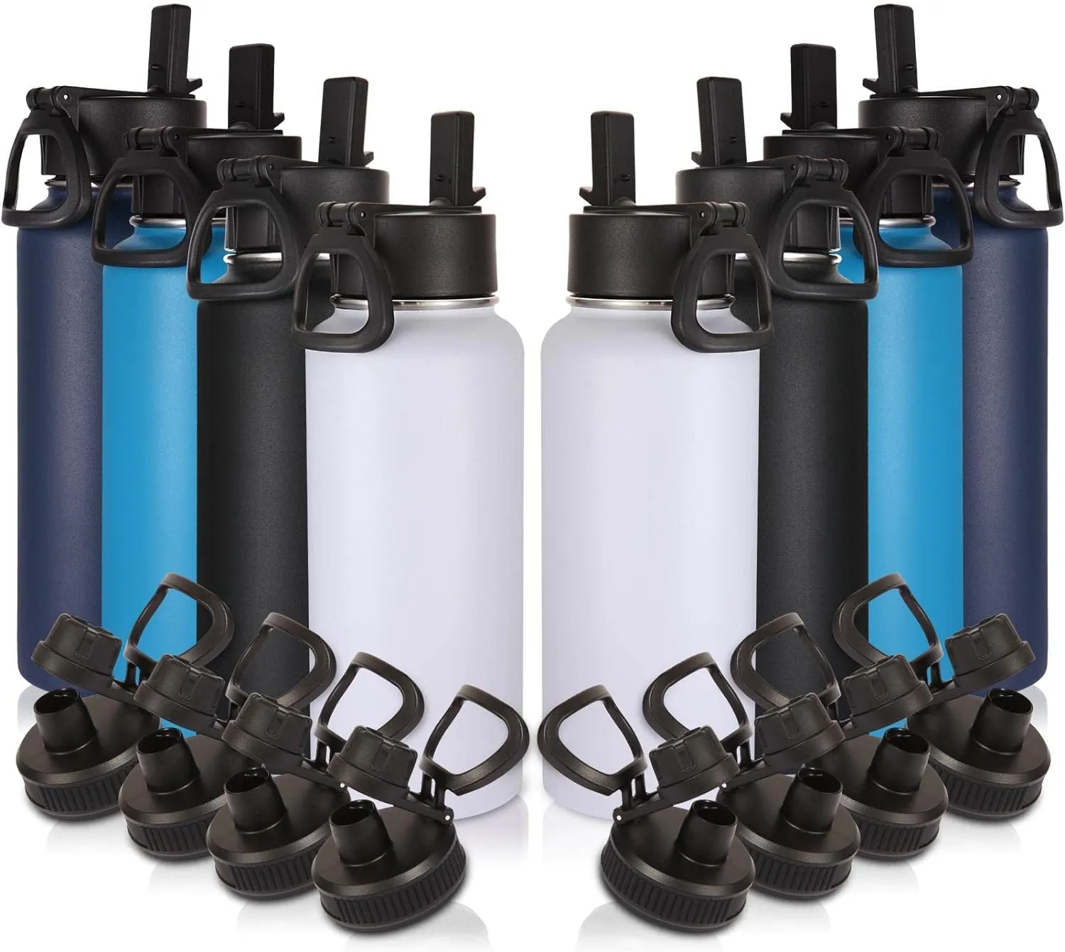 Volhoply 32 oz Insulated Water Bottles Bulk 8 Pack with Straw Lid & Spout Lid,Stainless Steel Sports Water Bottle,Double Wall Vacuum Cups,Leakproof Wide Mouth Metal Flask for Hiking,Camping(Mix,8)