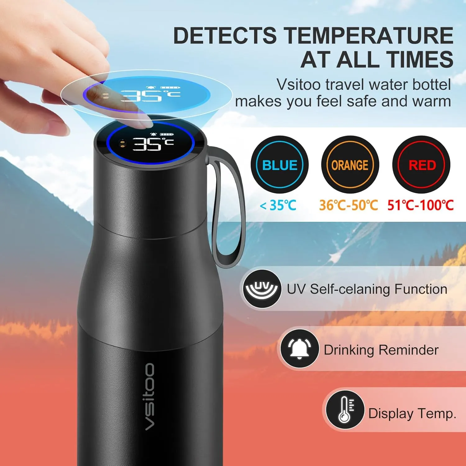 vsitoo Self-Cleaning Water Bottle, 15oz Insulated Stainless Steel BPA-Free Smart Water Bottle, Touch Screen APP Control & Auto-Cleaning, Thermal Flask for Travel, Black