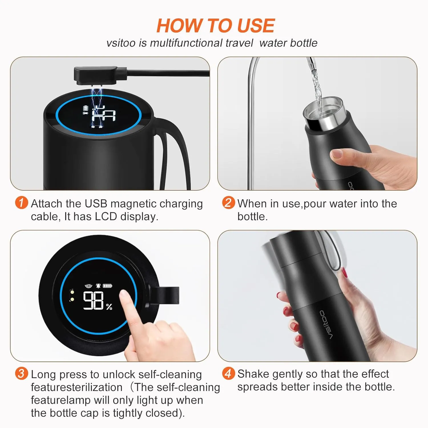 vsitoo Self-Cleaning Water Bottle, 15oz Insulated Stainless Steel BPA-Free Smart Water Bottle, Touch Screen APP Control & Auto-Cleaning, Thermal Flask for Travel, Black