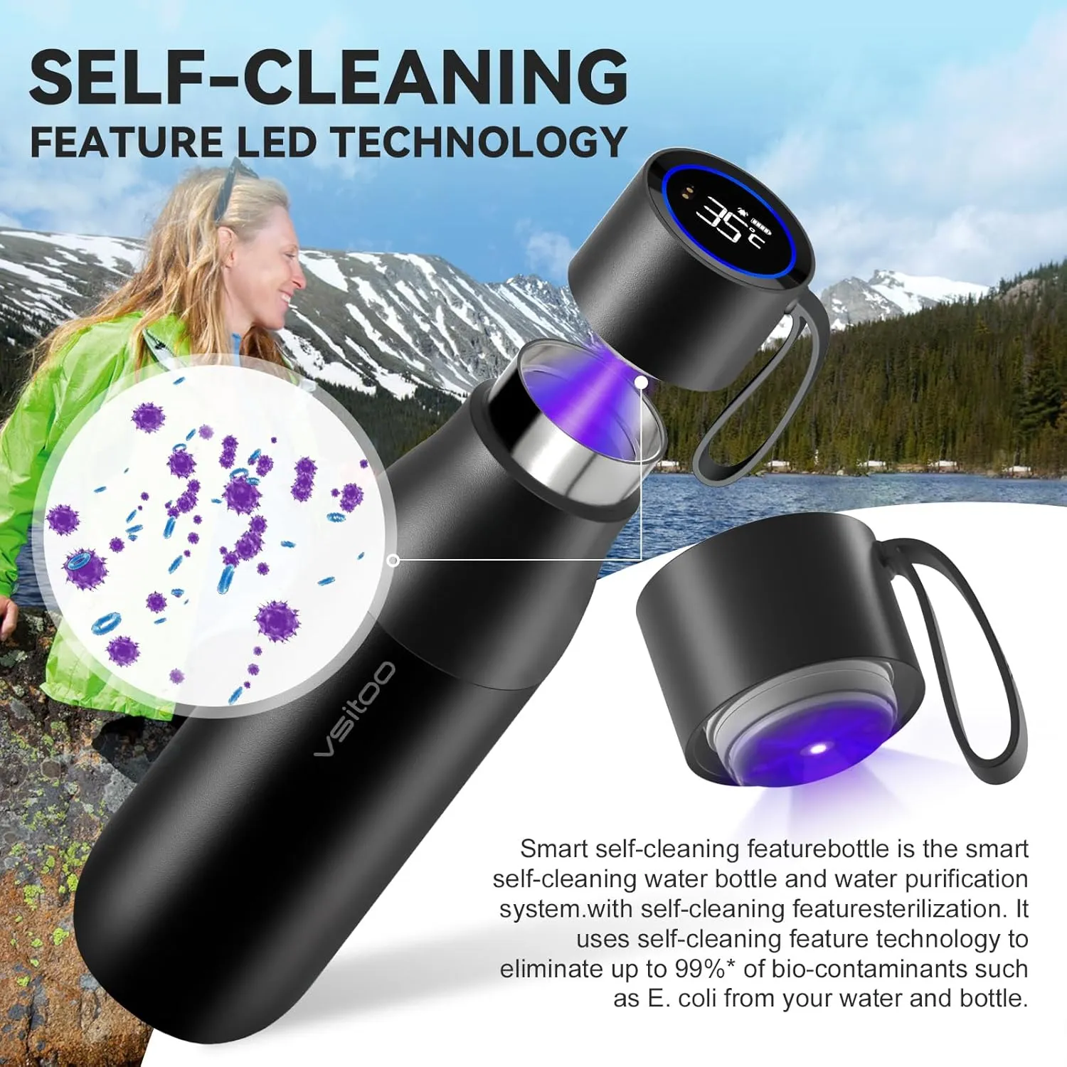 vsitoo Self-Cleaning Water Bottle, 15oz Insulated Stainless Steel BPA-Free Smart Water Bottle, Touch Screen APP Control & Auto-Cleaning, Thermal Flask for Travel, Black