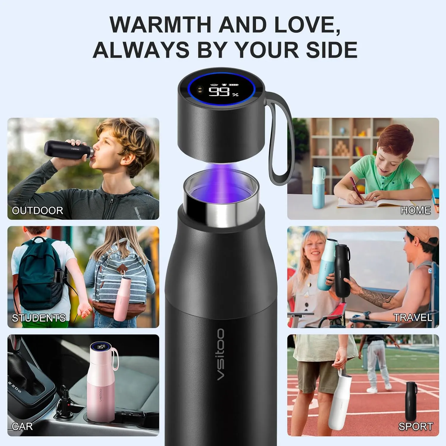 vsitoo Self-Cleaning Water Bottle, 15oz Insulated Stainless Steel BPA-Free Smart Water Bottle, Touch Screen APP Control & Auto-Cleaning, Thermal Flask for Travel, Black