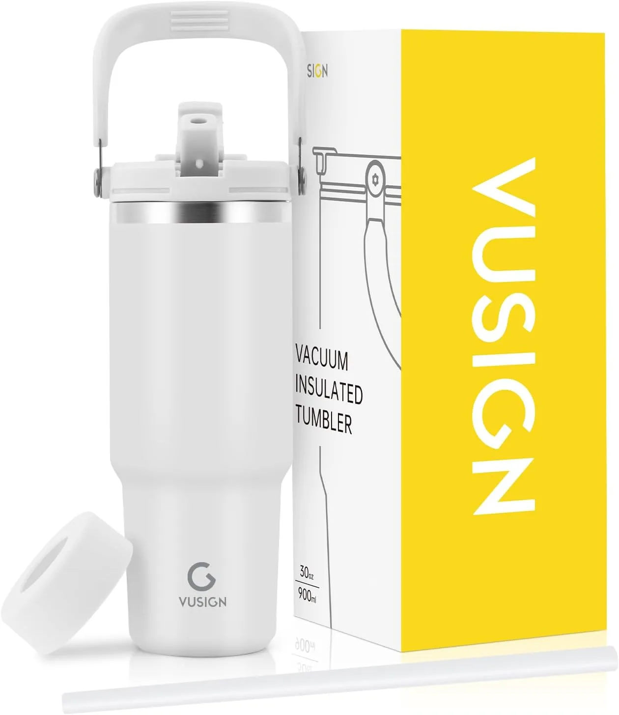 VUSIGN 30 oz Tumbler with Handle and Flip Straw, Stainless Steel Vacuum Insulated Water Bottle Travel Mug Thermal Cup for Home, Office, Car, Outdoors, Sports, Cream